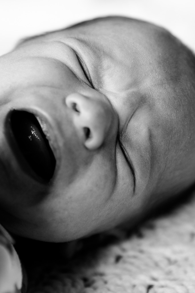 black and white portrait of newborn baby crying